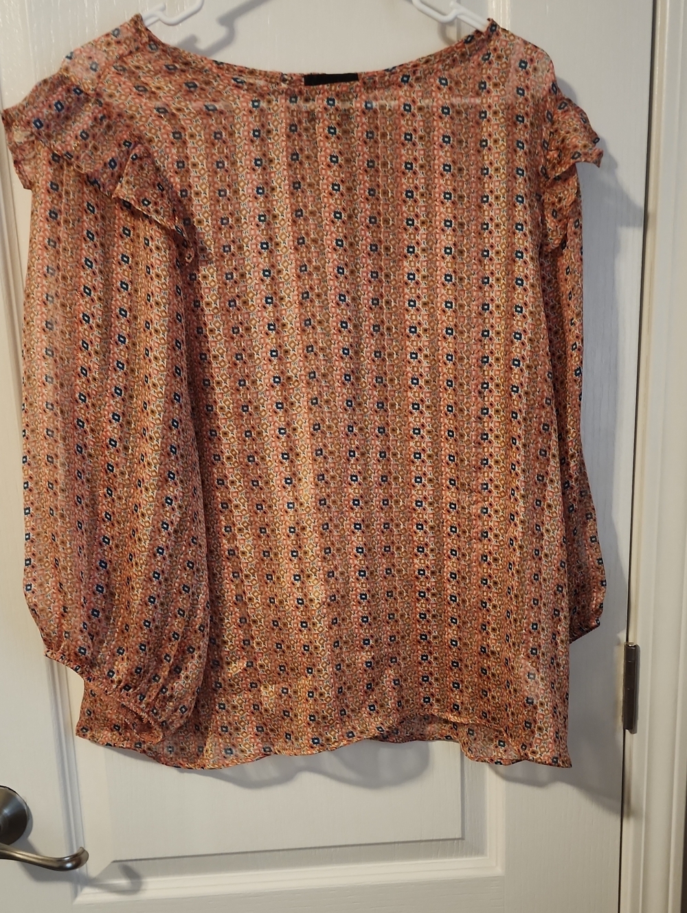 W5 Peach Printed Ruffle-Shoulder Blouse with Navy Motif